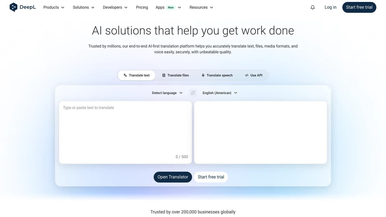 Screenshot of the public DeepL homepage.