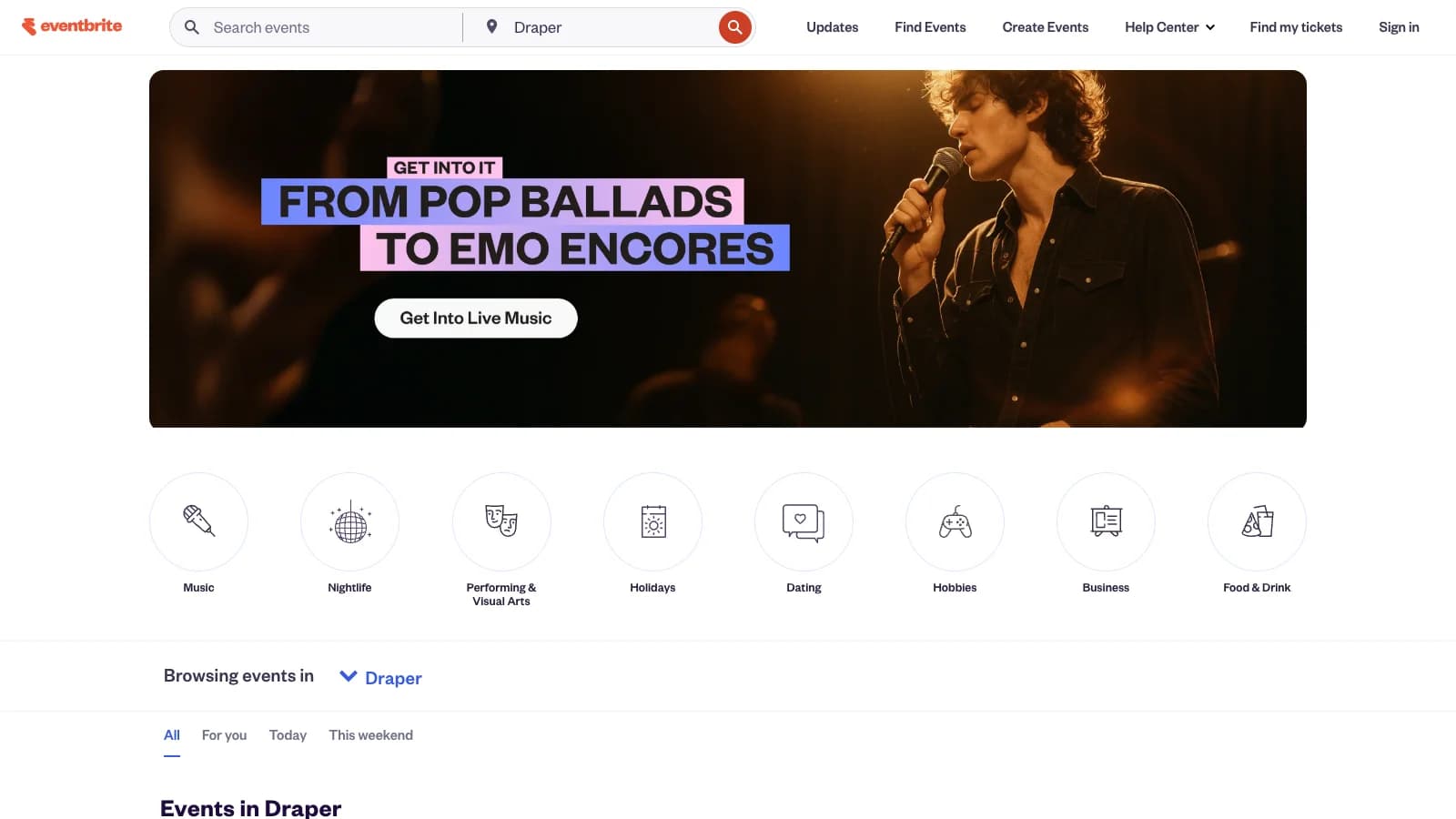 Screenshot of the public Eventbrite homepage.
