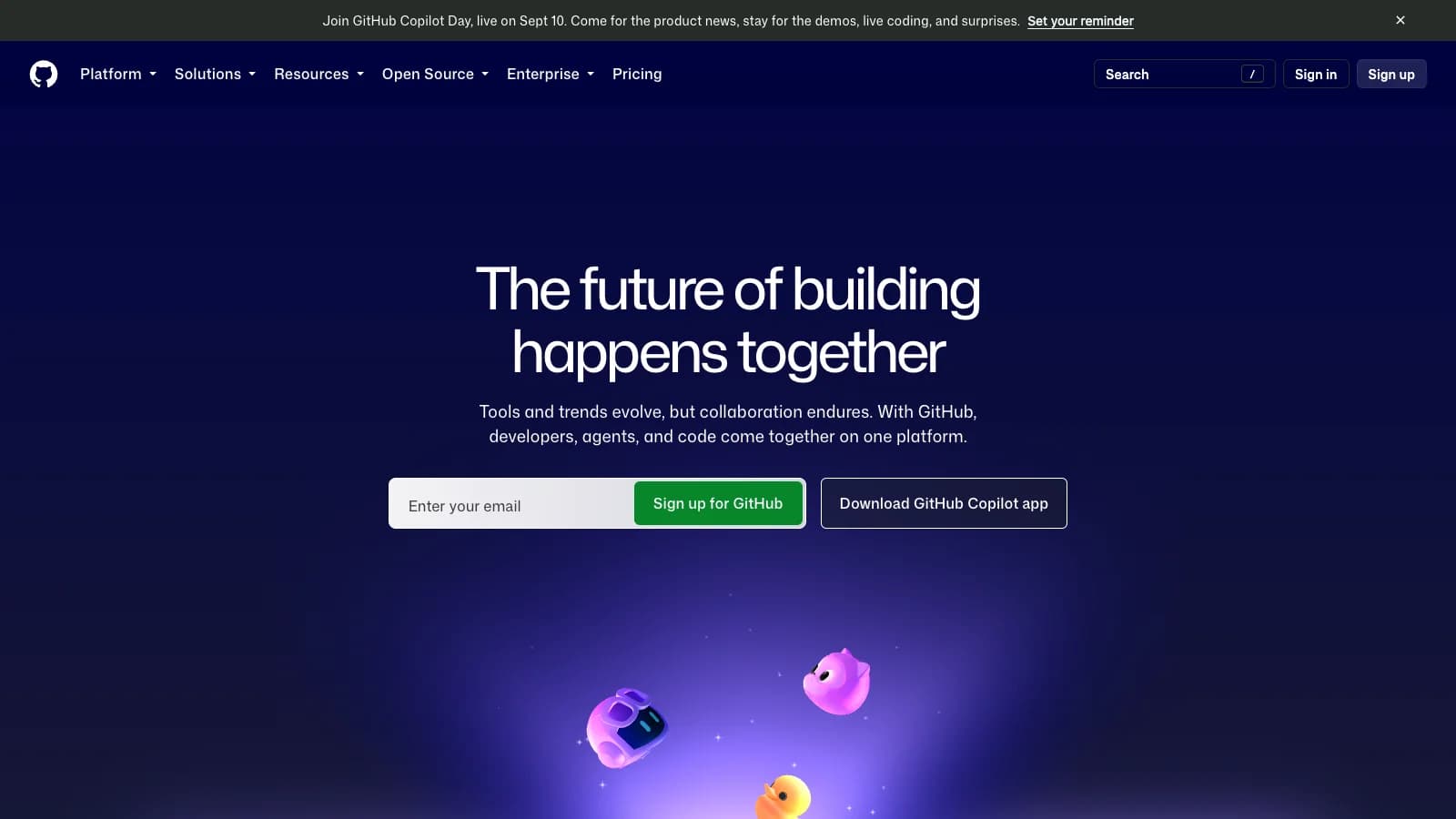 Screenshot of the public GitHub homepage.