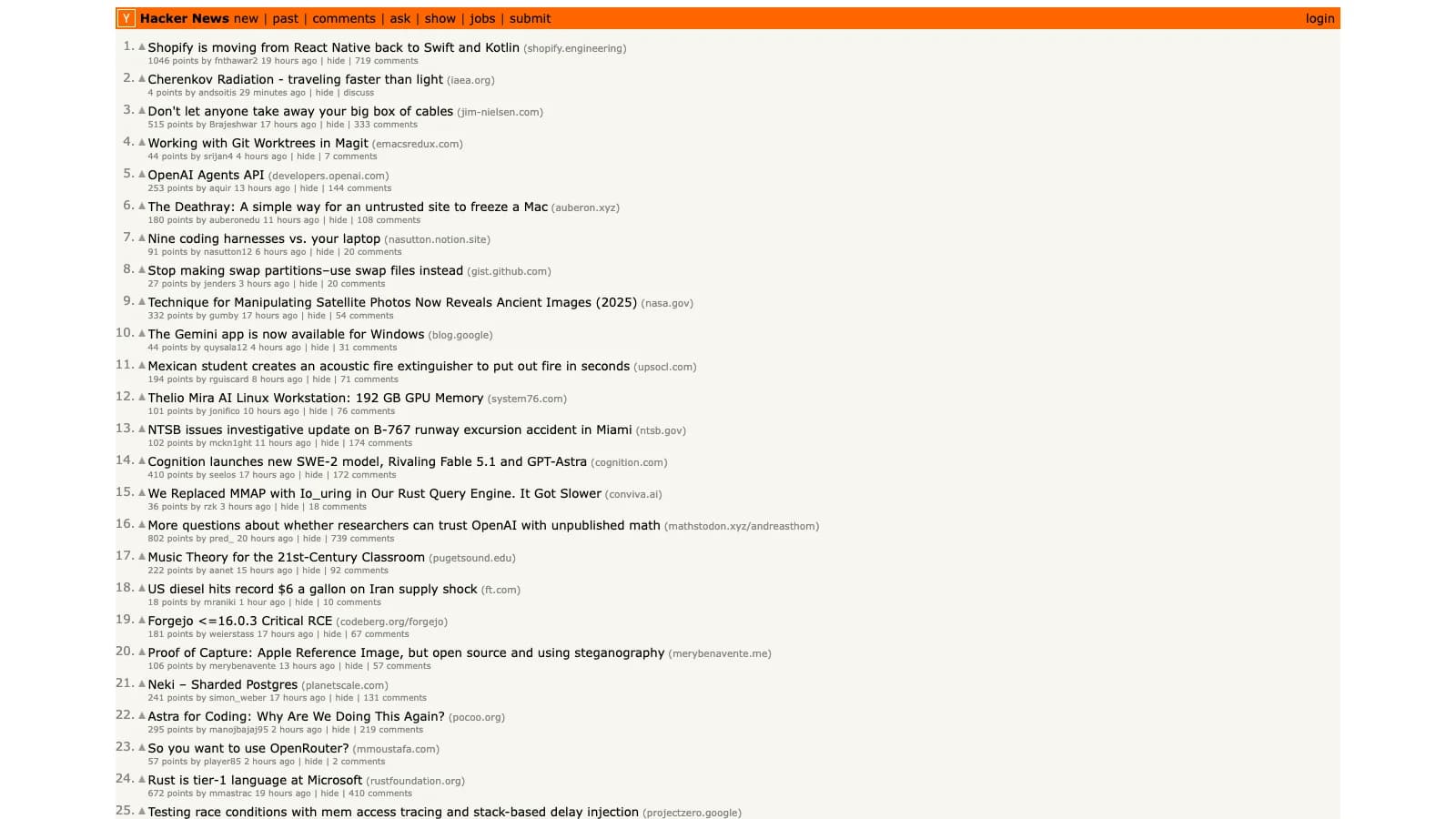 Screenshot of the public Hacker News homepage.