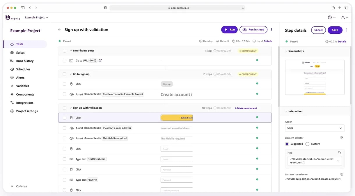 BugBug's published product screenshot showing recorded signup steps and a step details panel.