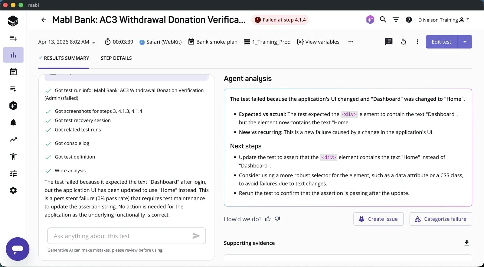 mabl's published screenshot showing a failed test, agent analysis, and proposed next steps.