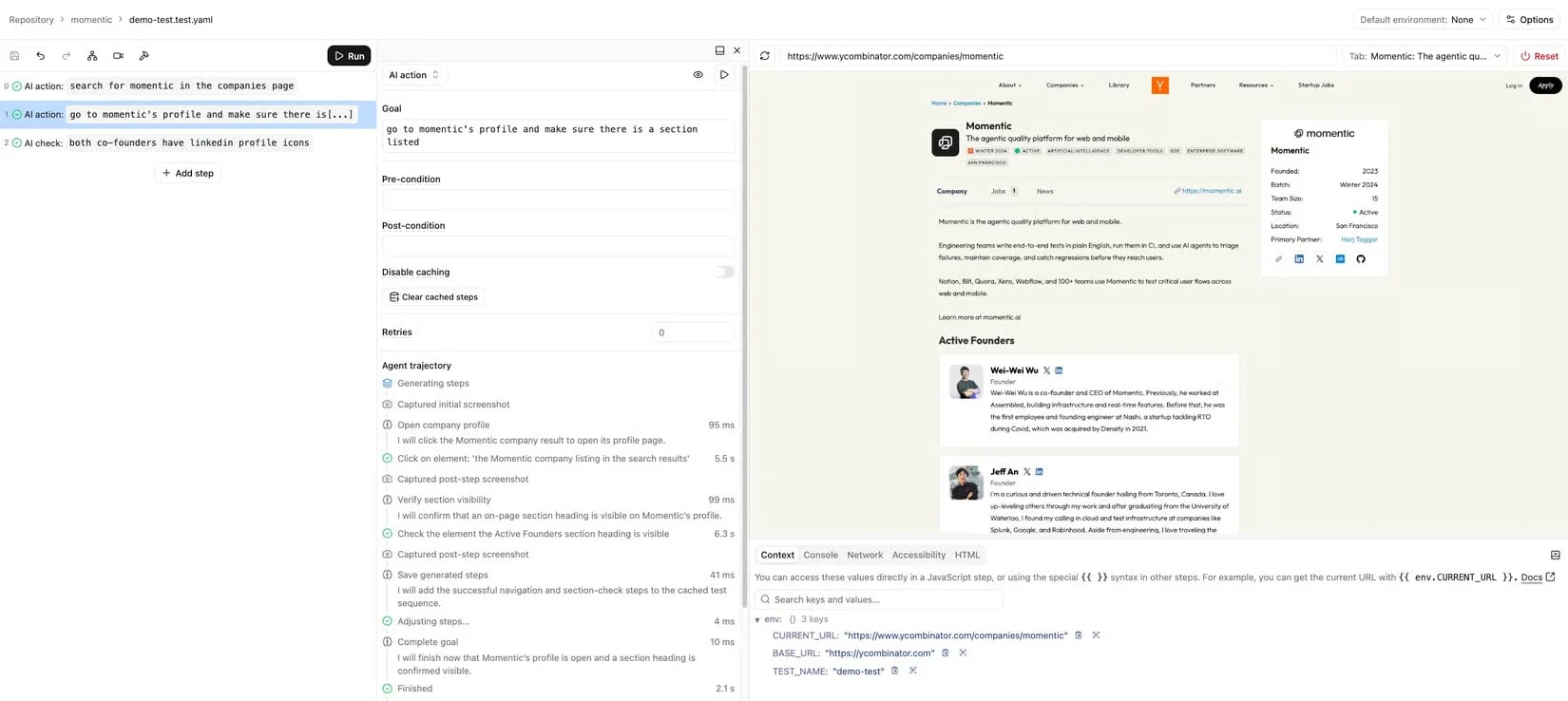 Momentic's local editor showing test steps, AI action details, and a live browser.