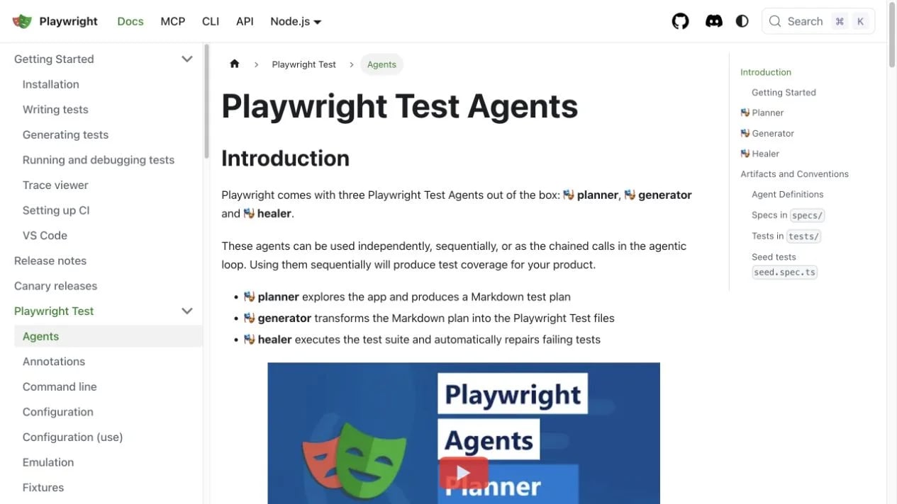 Playwright's official Test Agents documentation describing the planner, generator, and healer.
