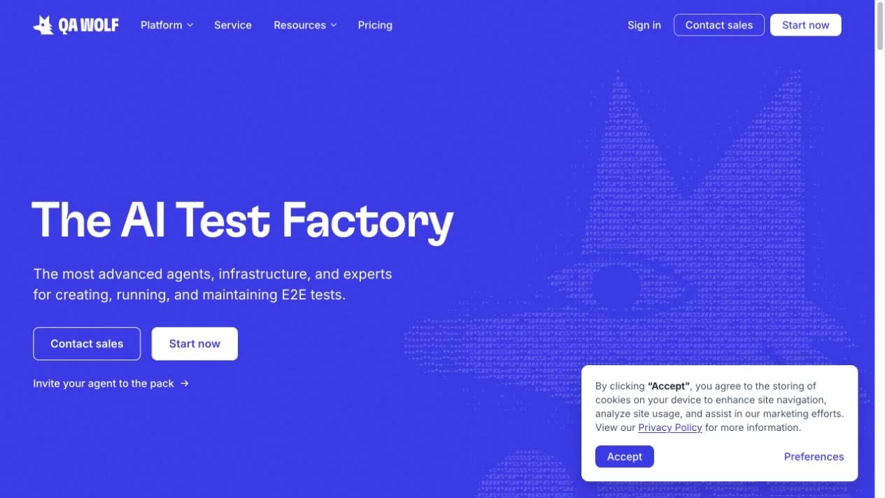 QA Wolf's public homepage describing its combination of agents, infrastructure, and experts.