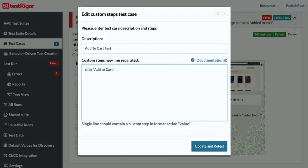 A frame from testRigor's public demo showing its custom test steps editor.