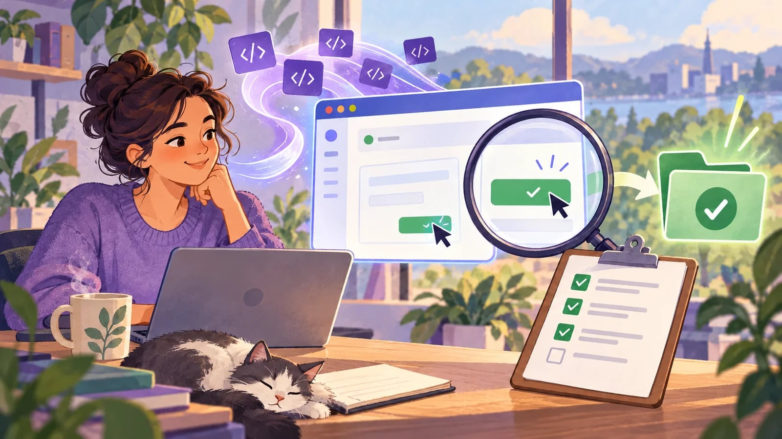 A founder reviews an AI-built application with a magnifying glass, a saved project folder, and an acceptance checklist.