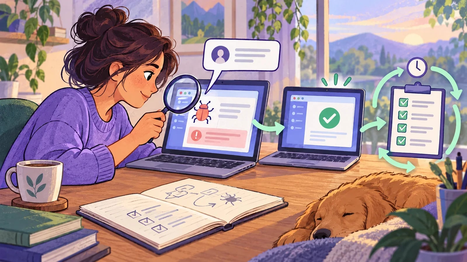 A founder examines a reported application bug, verifies a repaired screen, and retains a recurring regression checklist.