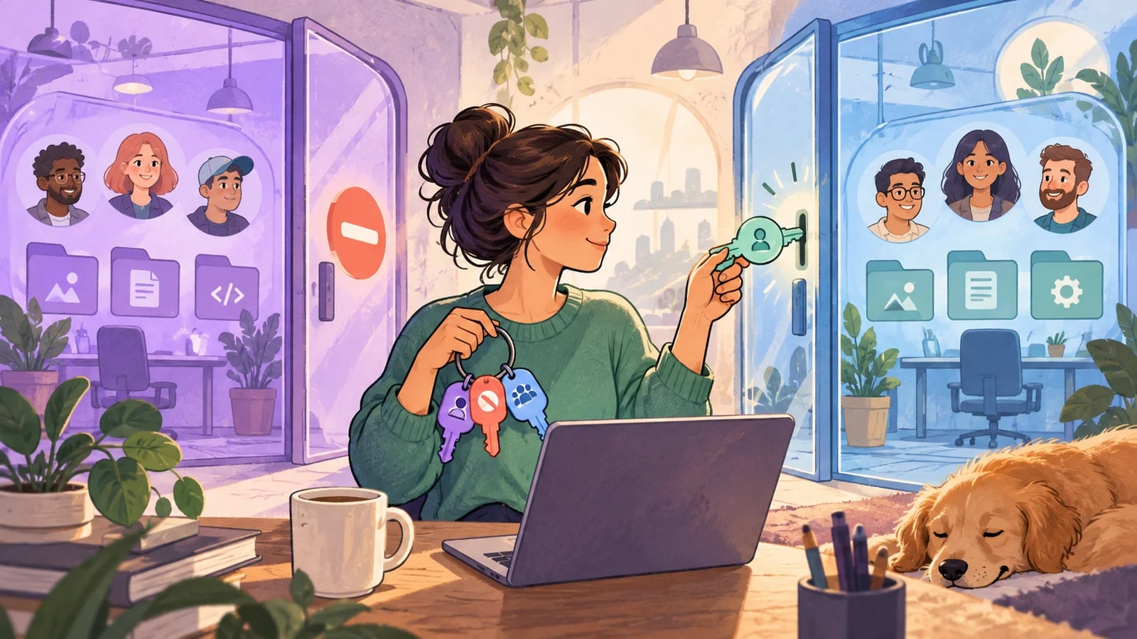 A founder uses a matching key to access one of two separate workspaces while the other workspace remains restricted.