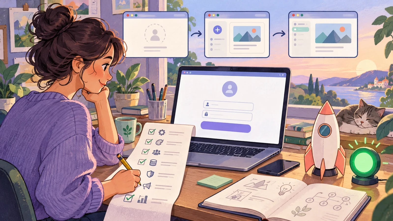 A founder reviews a launch checklist beside signup and saved-project screens, a small rocket, and a green readiness light.