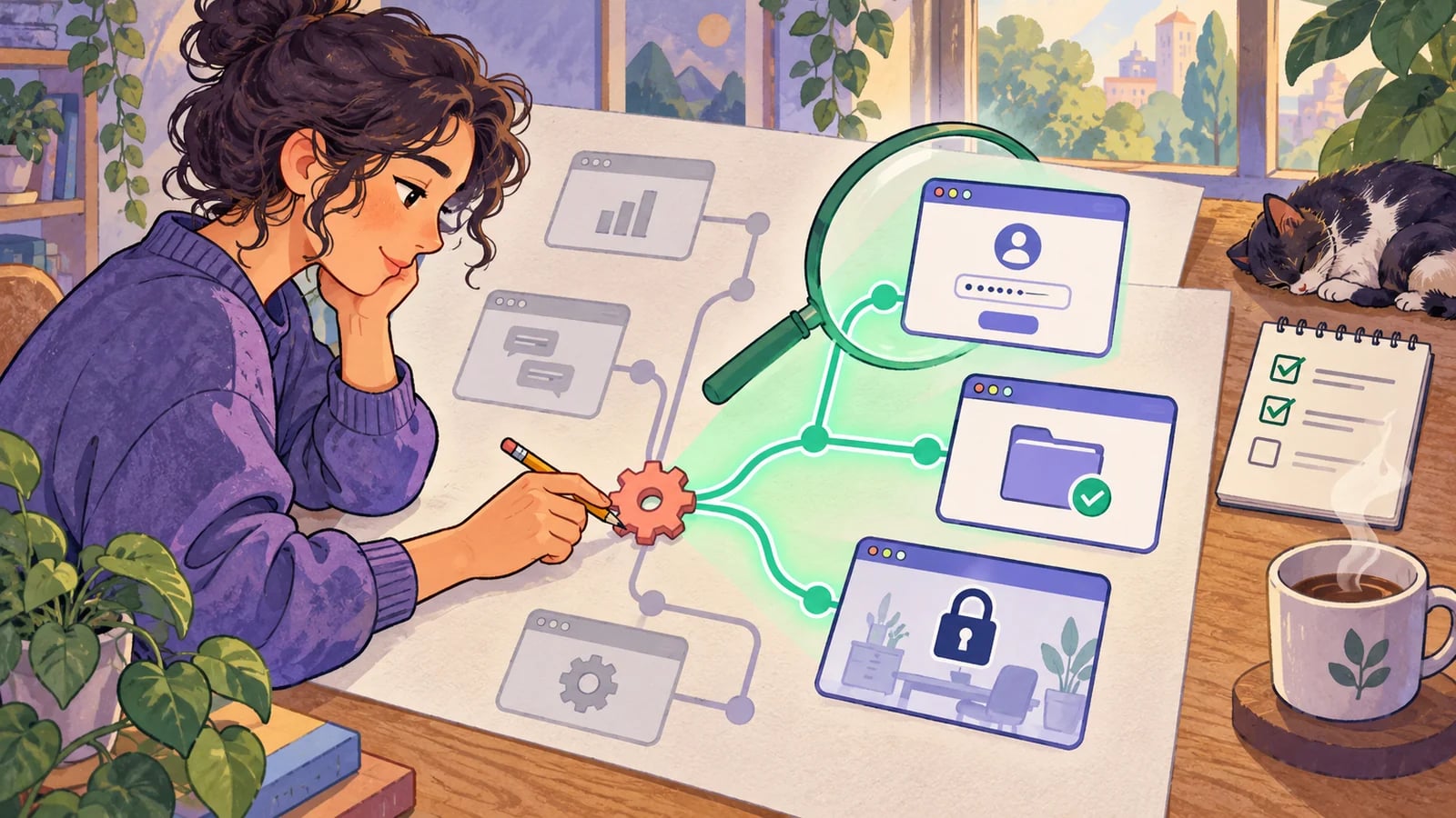 A founder traces connections from a changed gear to affected login, saved-project, and permission checks.