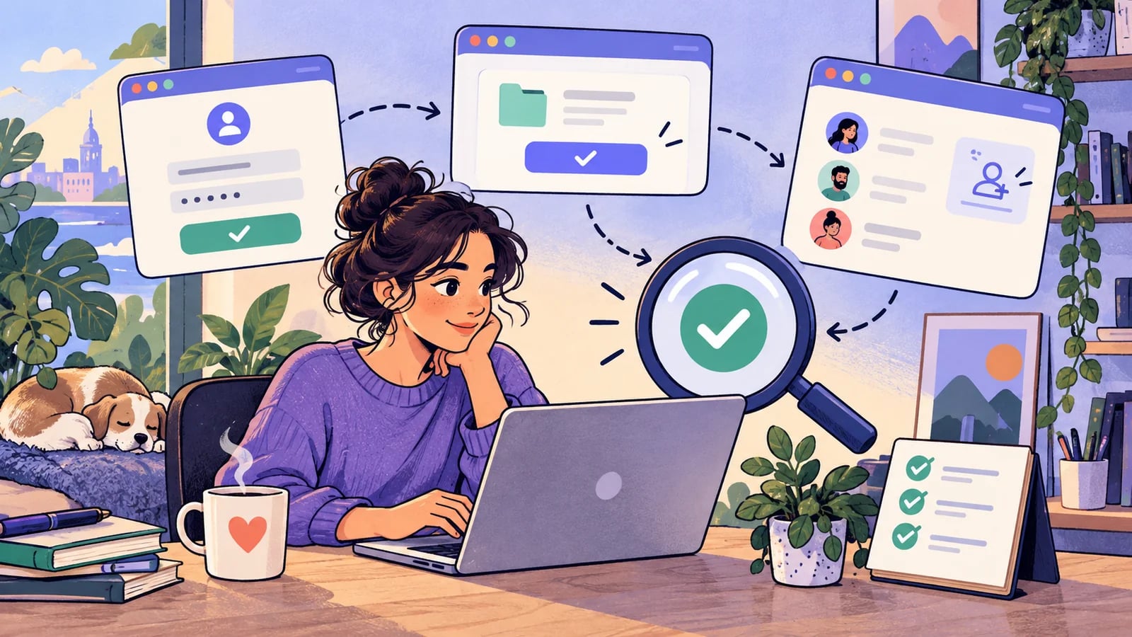 An illustrated founder checks signup, saved projects, and teammate invitations around a laptop.