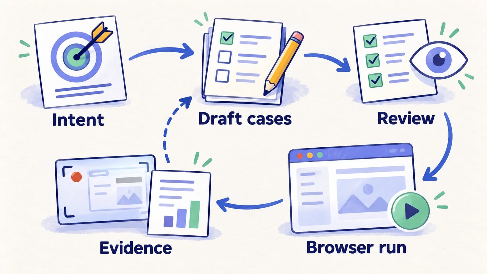 A five-stage loop connects intent, draft cases, review, browser execution, and evidence, with feedback returning to case drafts.