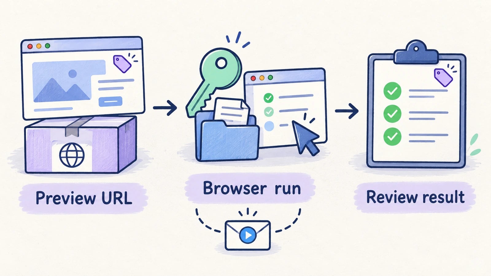 A specific preview URL feeds a browser run and completed result review, with a matching tag connecting deployment and evidence.