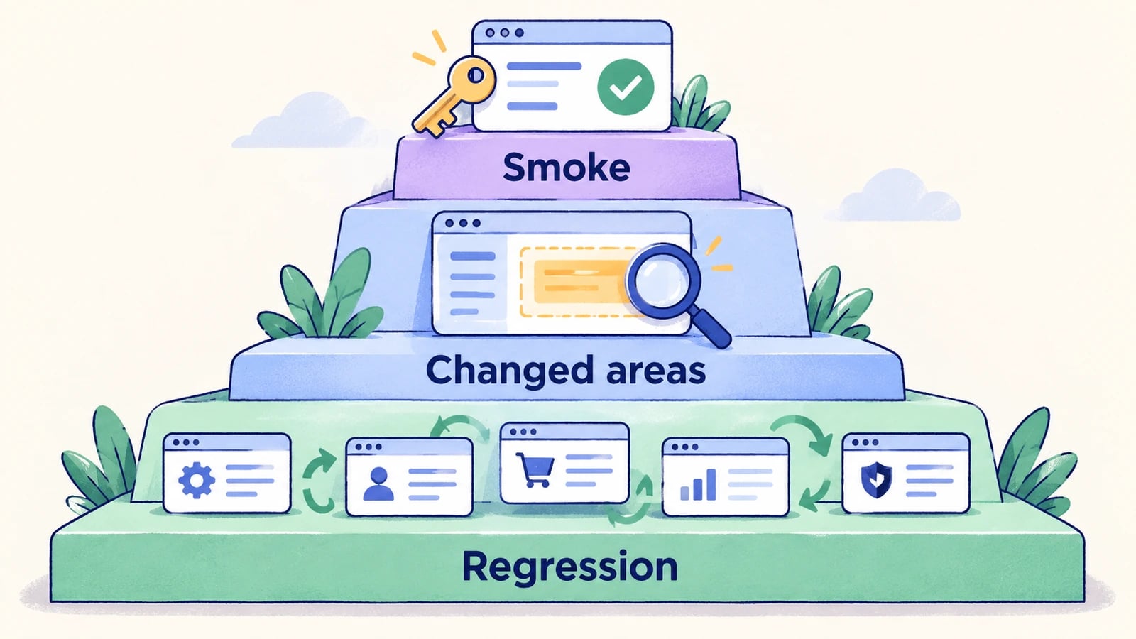 Three illustrated tiers show a small smoke suite, checks for changed areas, and broader regression coverage.