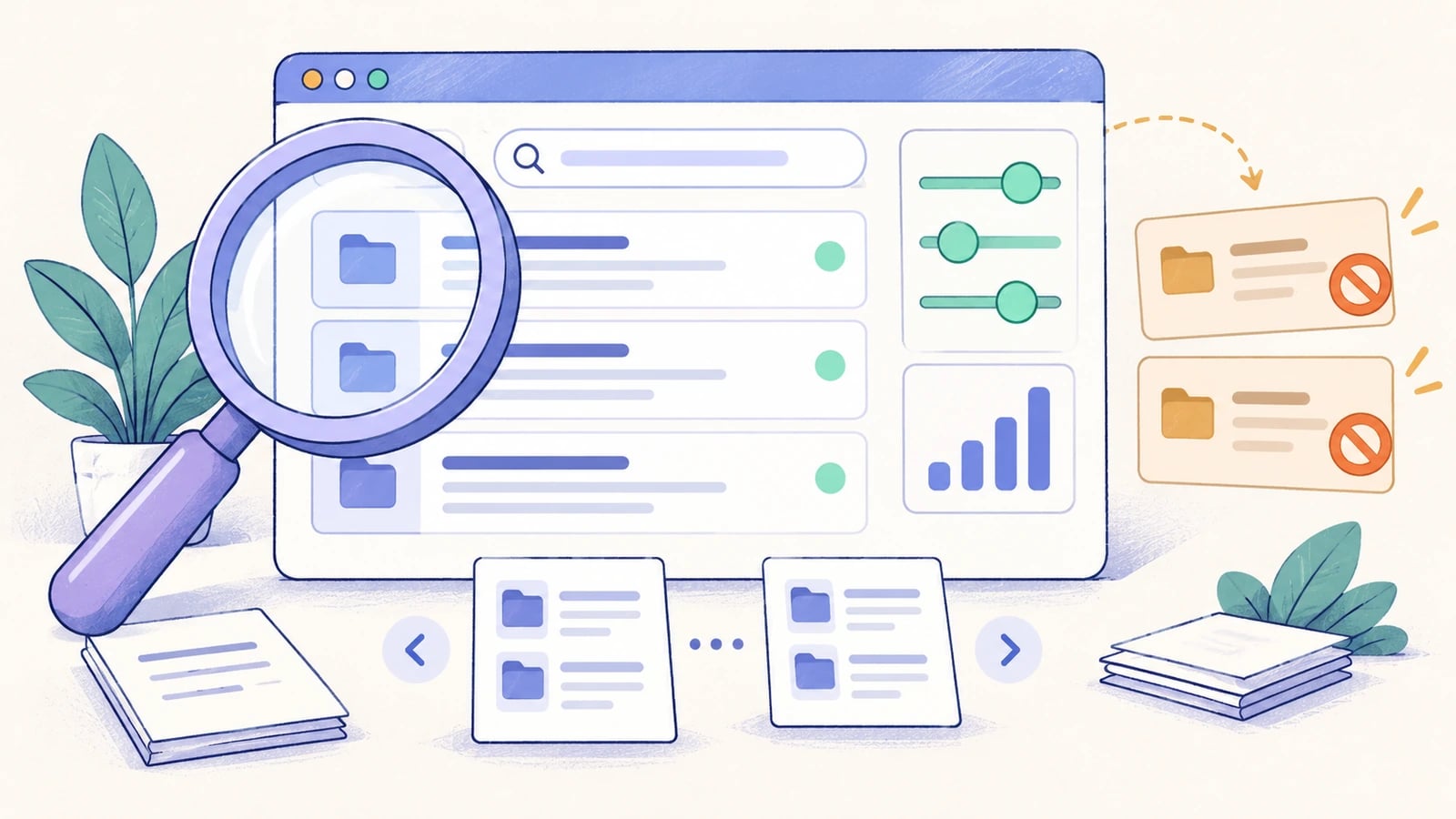 A magnifying glass, filters, ordering bars, and page cards surround a browser list of matching projects.