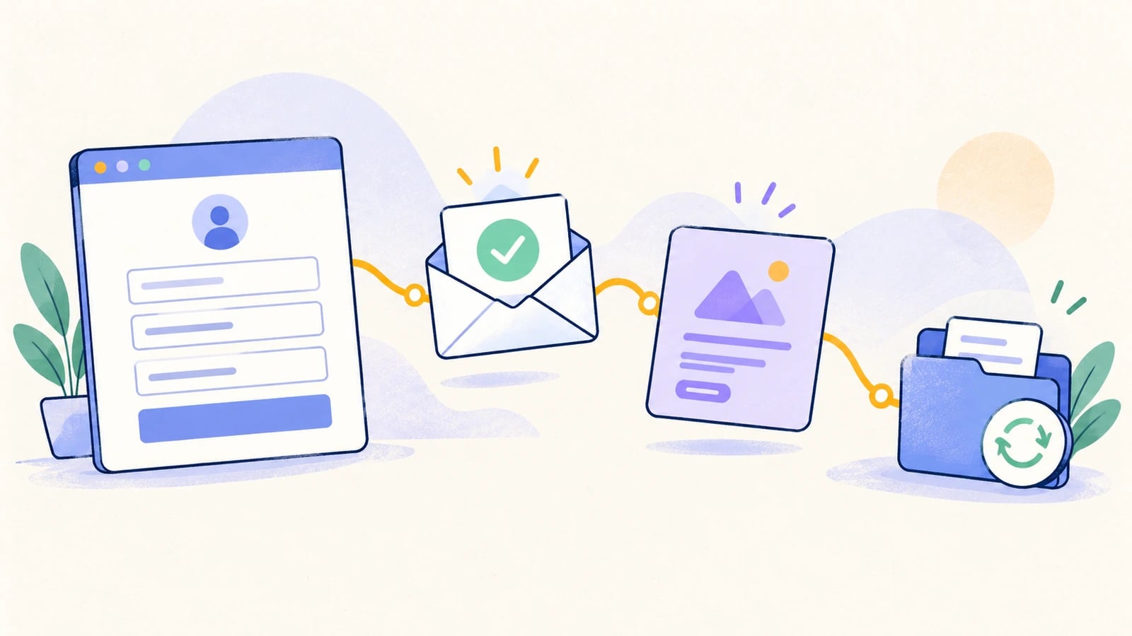 An illustrated signup form, verified envelope, workspace folder, and saved first project connected into a customer journey.
