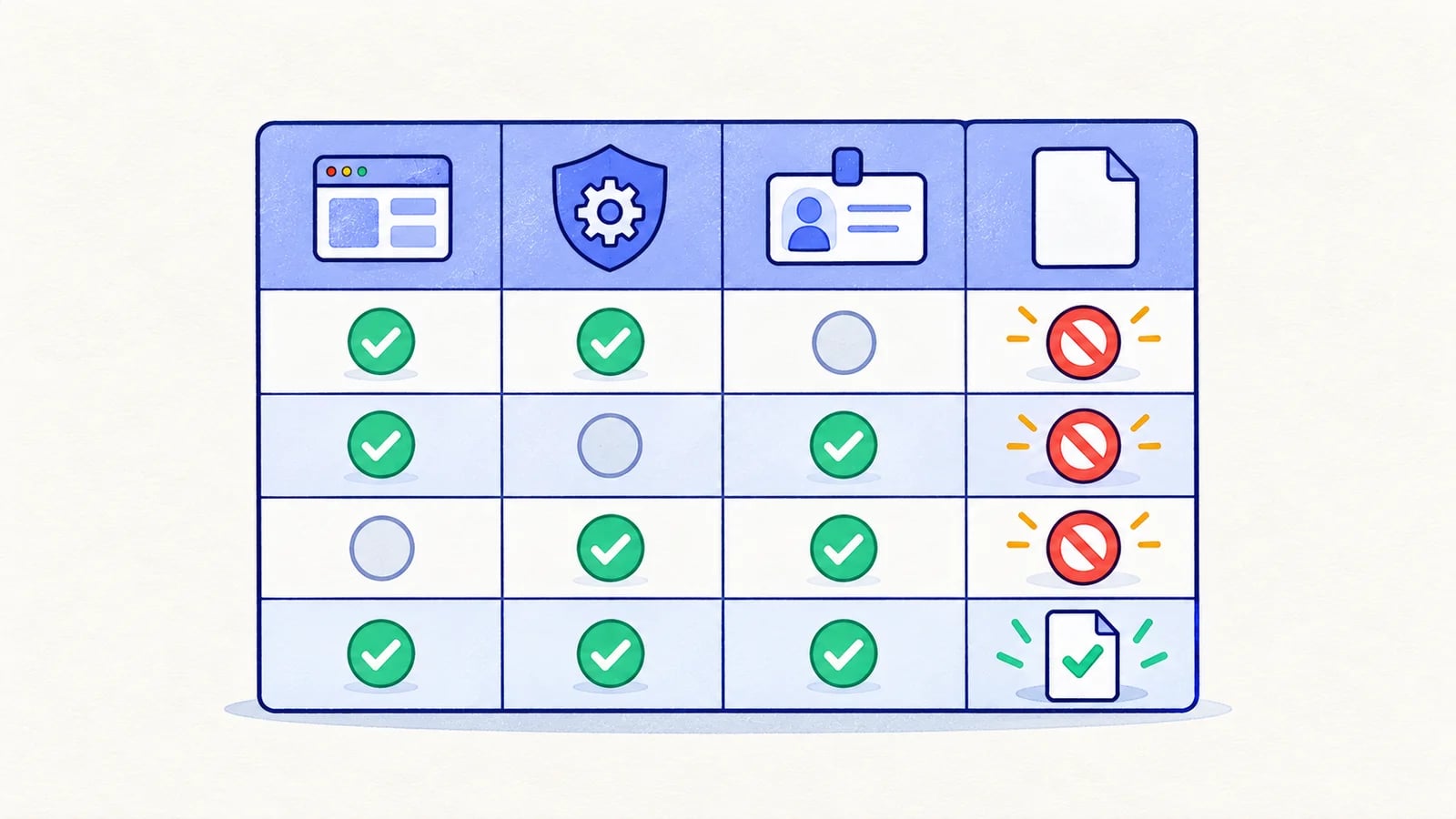 Workspace, role, and entitlement conditions feed a decision grid with allowed and blocked export outcomes.