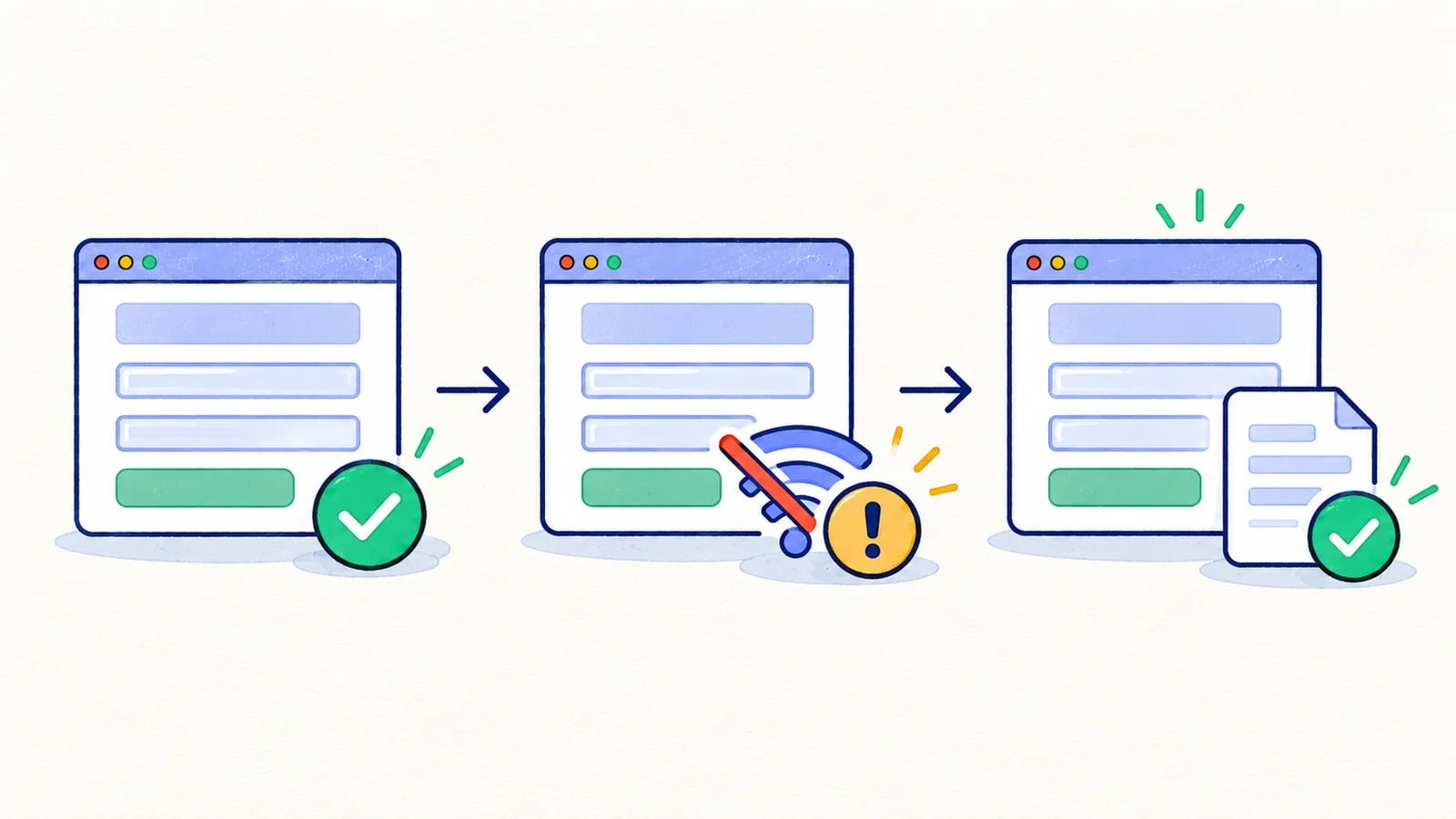 A browser form preserves its draft through a network interruption and reaches a single saved result after recovery.