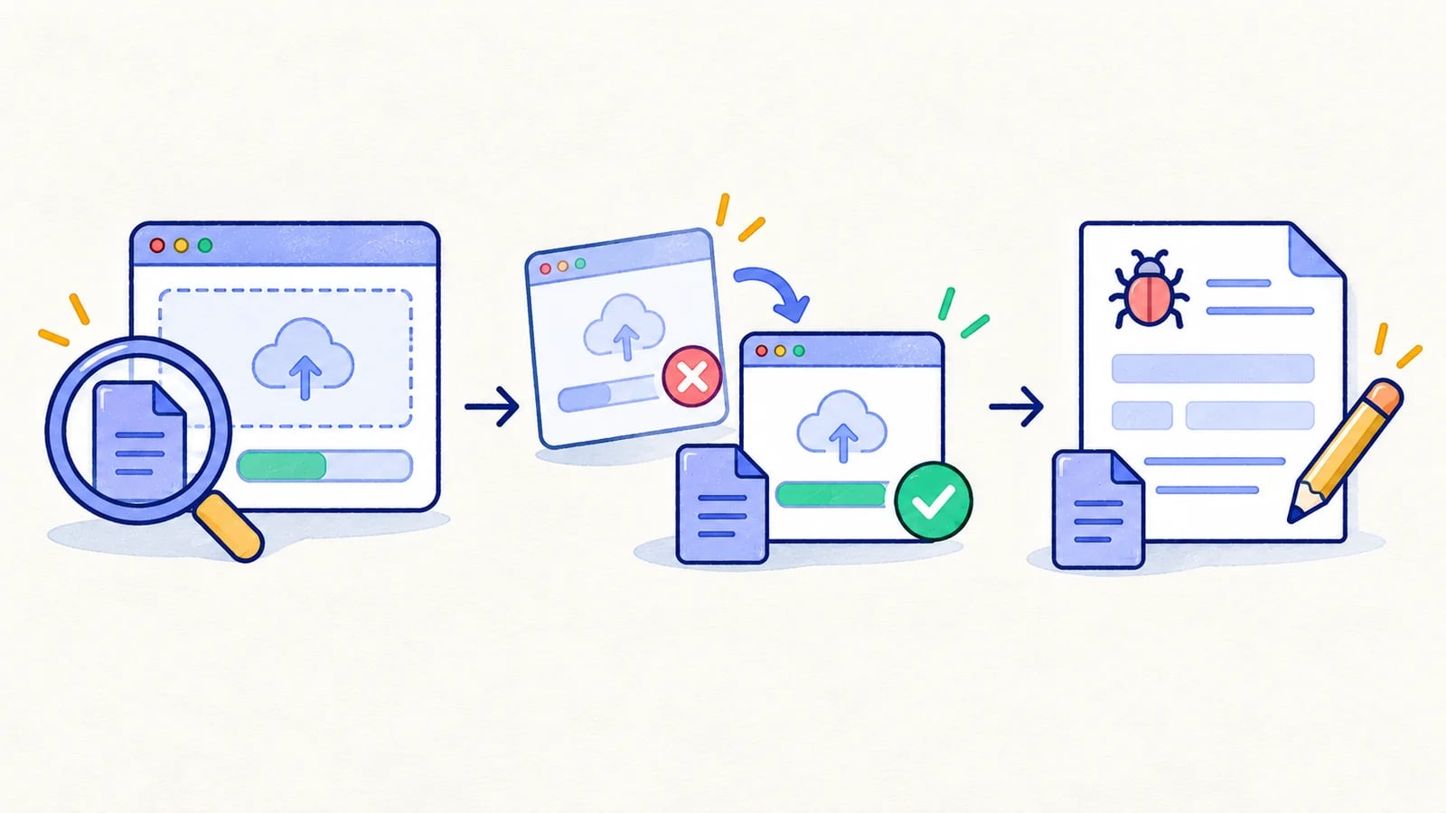 A document-upload flow inspected with a magnifying glass, branching into successful, canceled, retried, and duplicate-file outcomes.
