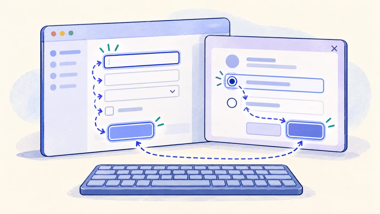 A keyboard focus path moves through form controls into a modal and returns to its trigger.