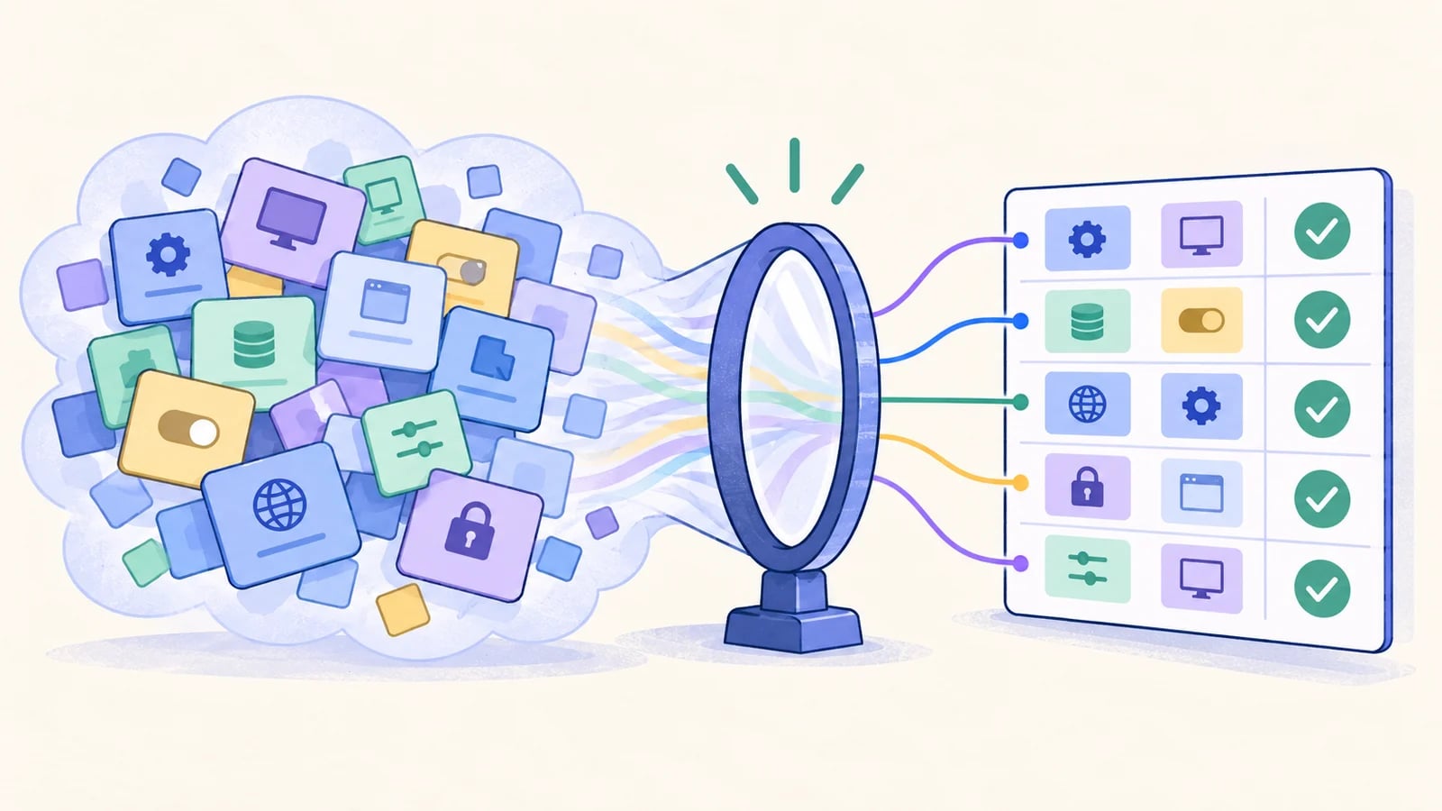 Four configuration factors are organized into a compact matrix with colored links between selected pairs.