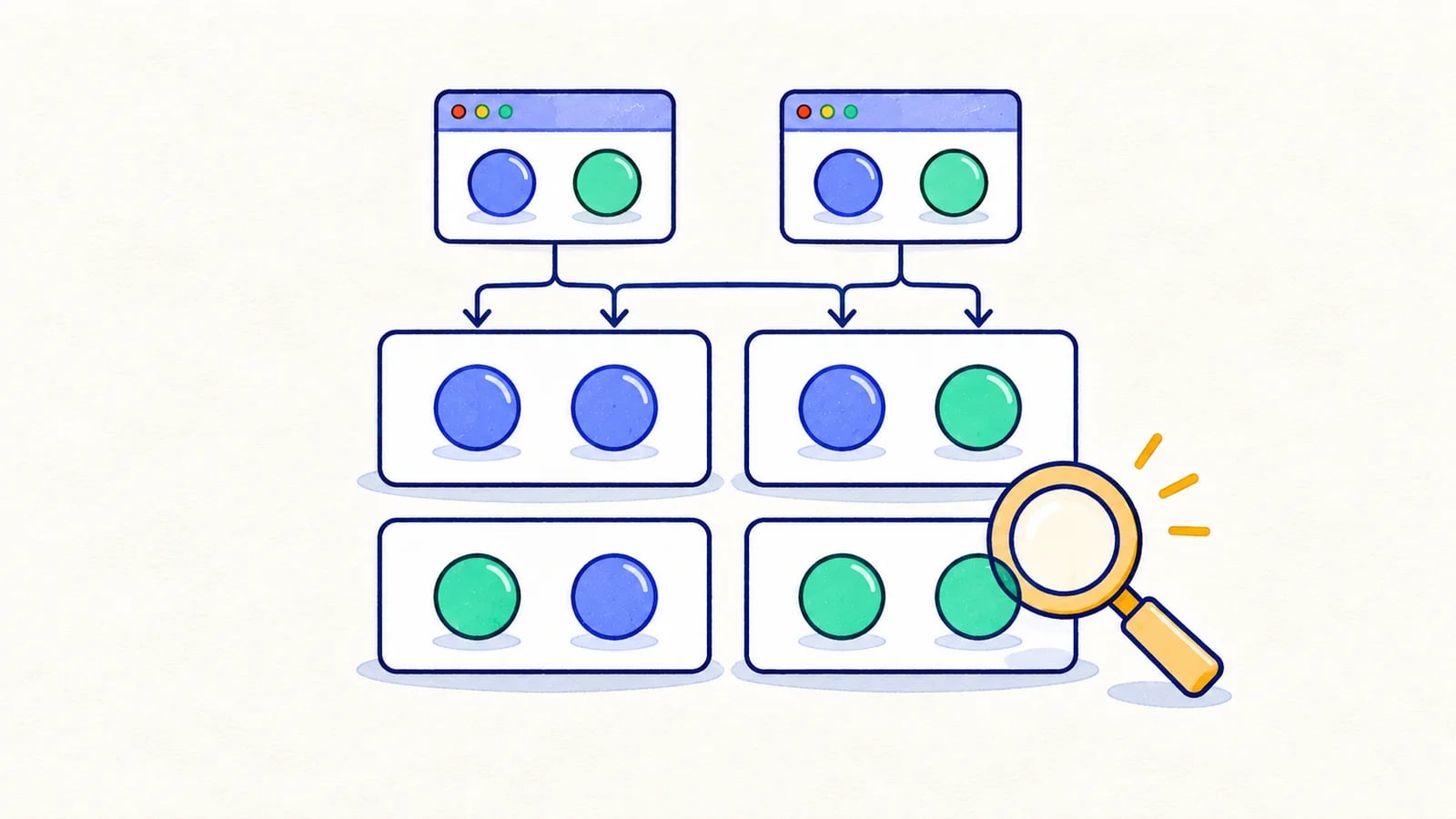 Four value pairs cover the combinations of two factors, highlighted by a magnifying glass.