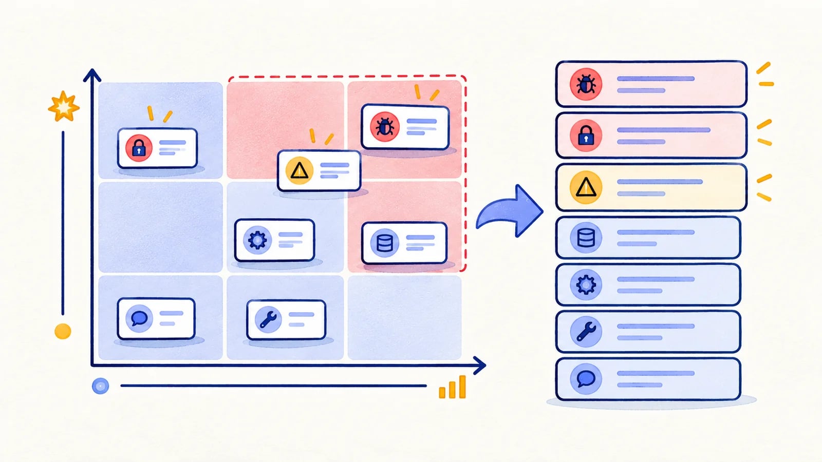 An impact and likelihood grid guides a short queue of tests while retaining a severe security risk.