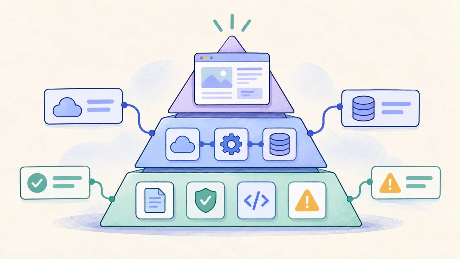 A broad base of rule checks supports service checks and a small set of connected browser journeys.