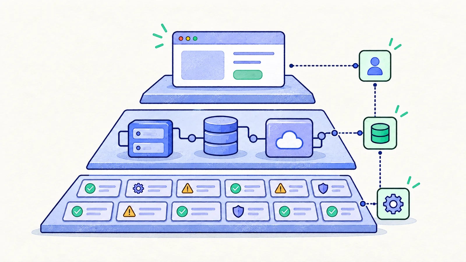 A broad base of rule checks supports service checks and a small set of connected browser journeys.