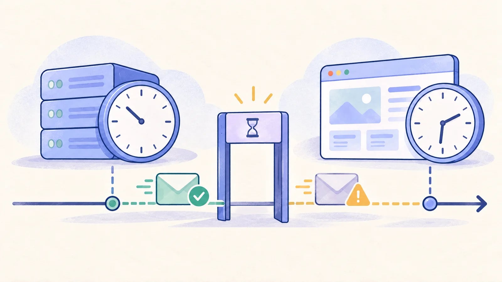 Separate browser and server clocks sit beside an expiry threshold and timezone-based schedule.