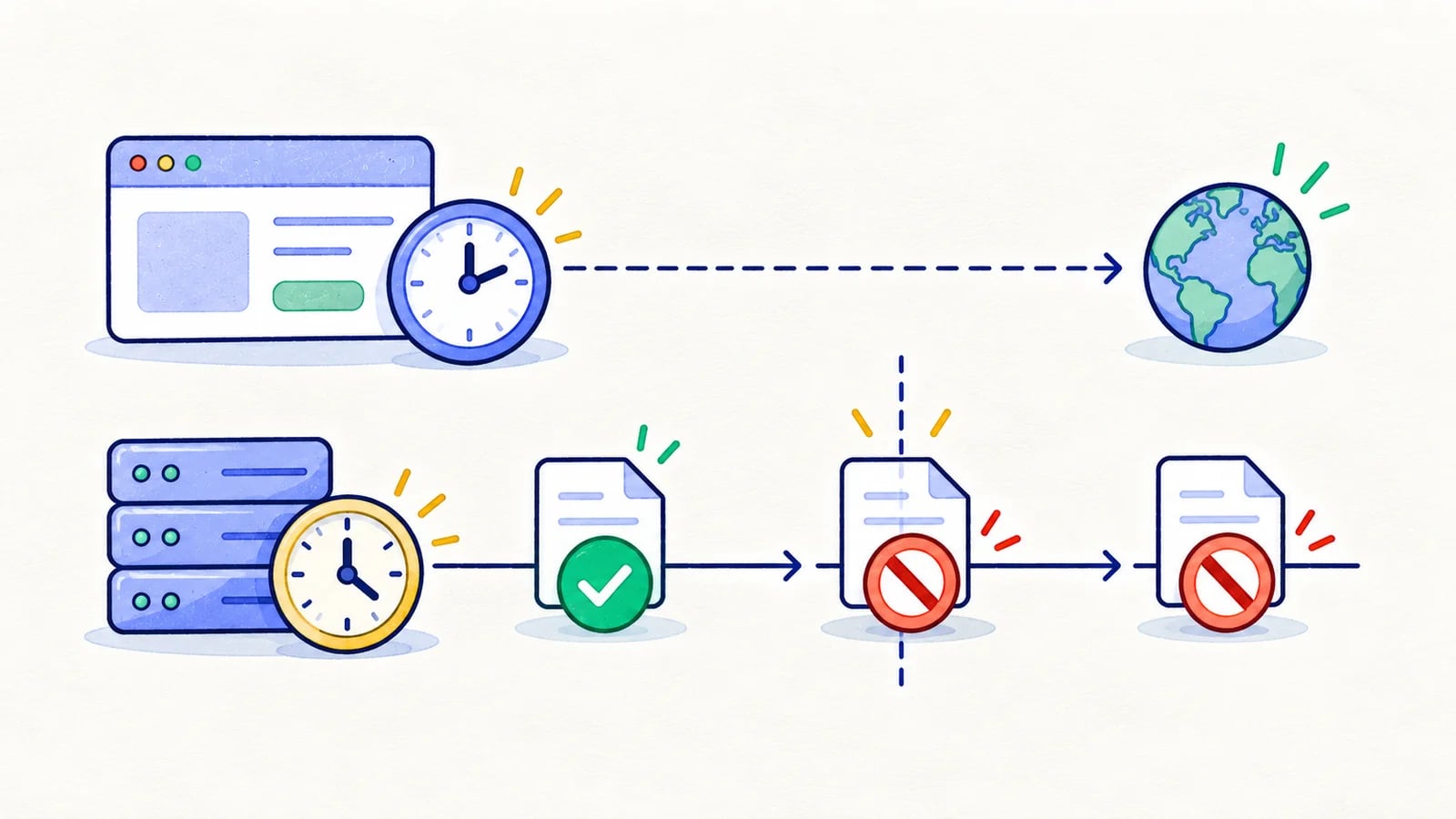 Separate browser and server clocks sit beside an expiry threshold and timezone-based schedule.