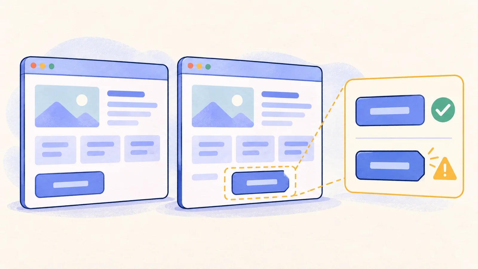 Matched baseline and current layouts reveal a clipped action in a separate difference view.