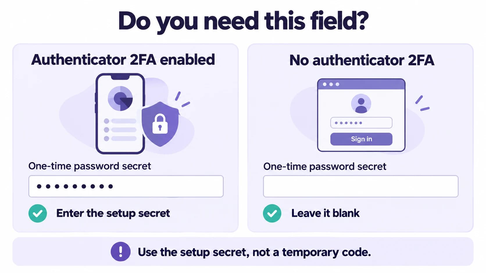 With authenticator-based 2FA enabled, enter the setup secret; without it, leave the one-time password secret field blank.