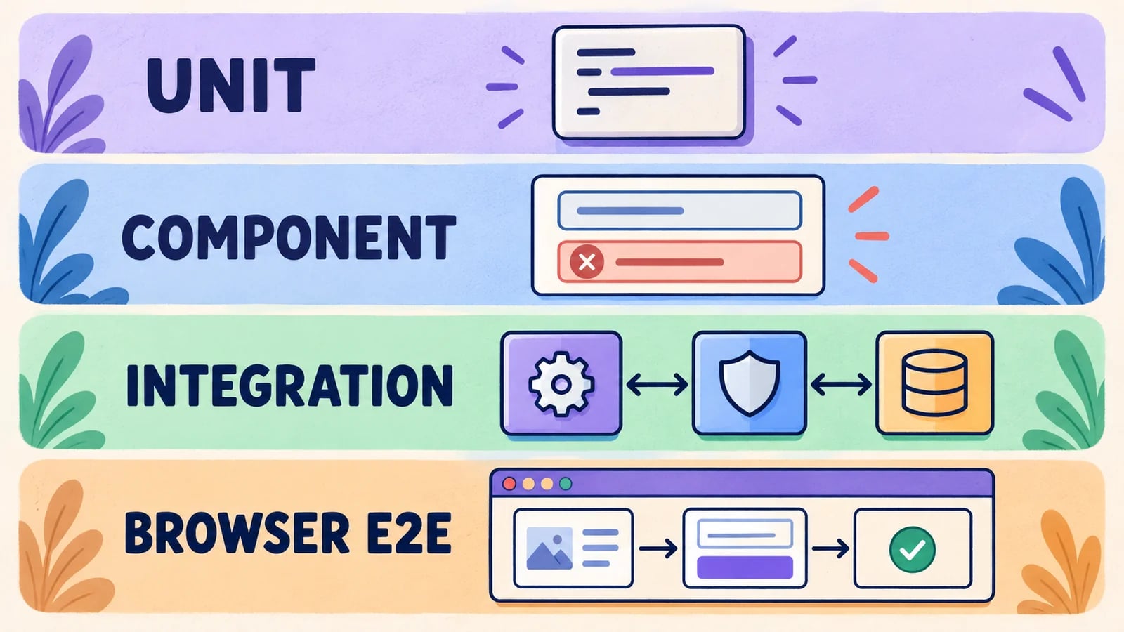 Four colorful rows show unit checks for rules, component checks for forms, integration checks for API, authentication and storage, and browser E2E checks for user journeys.