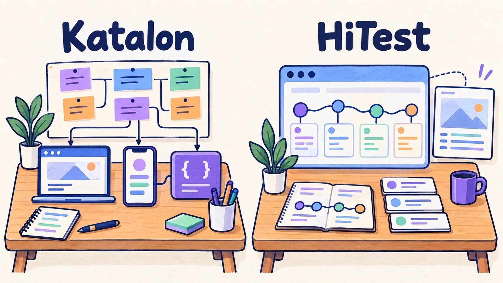 Katalon and HiTest testing workspaces shown side by side.