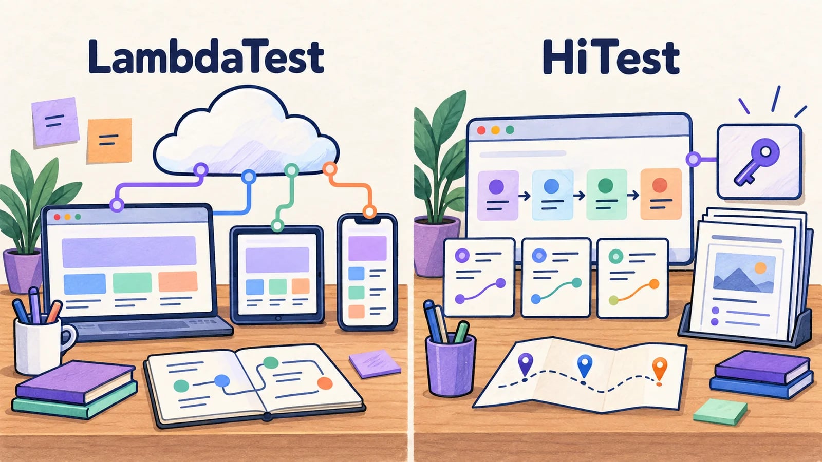 LambdaTest and HiTest testing workspaces shown side by side.