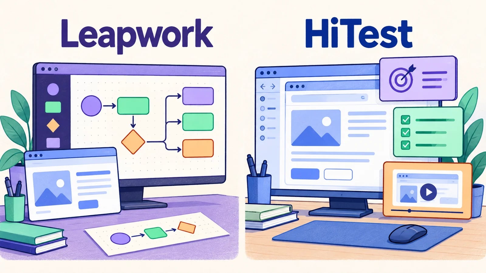 Leapwork and HiTest testing workspaces shown side by side.