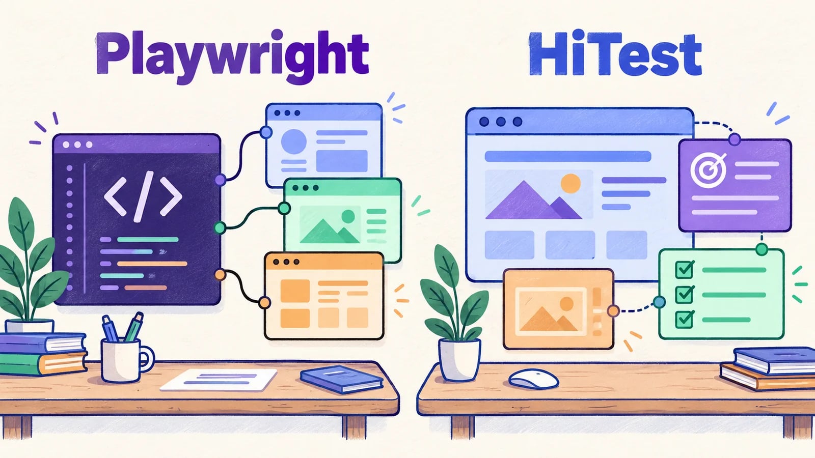 Playwright and HiTest testing workspaces shown side by side.