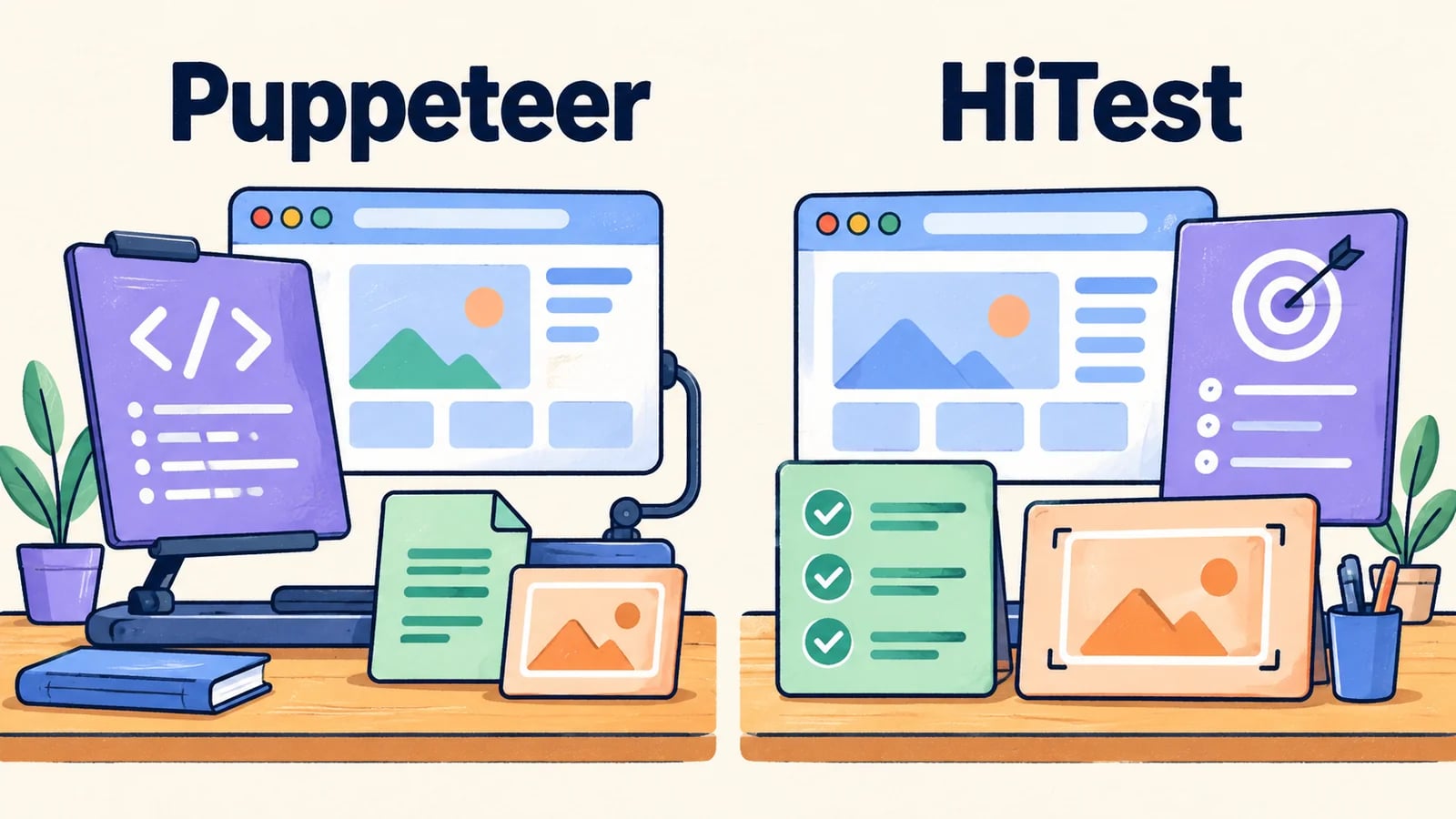 Puppeteer and HiTest testing workspaces shown side by side.