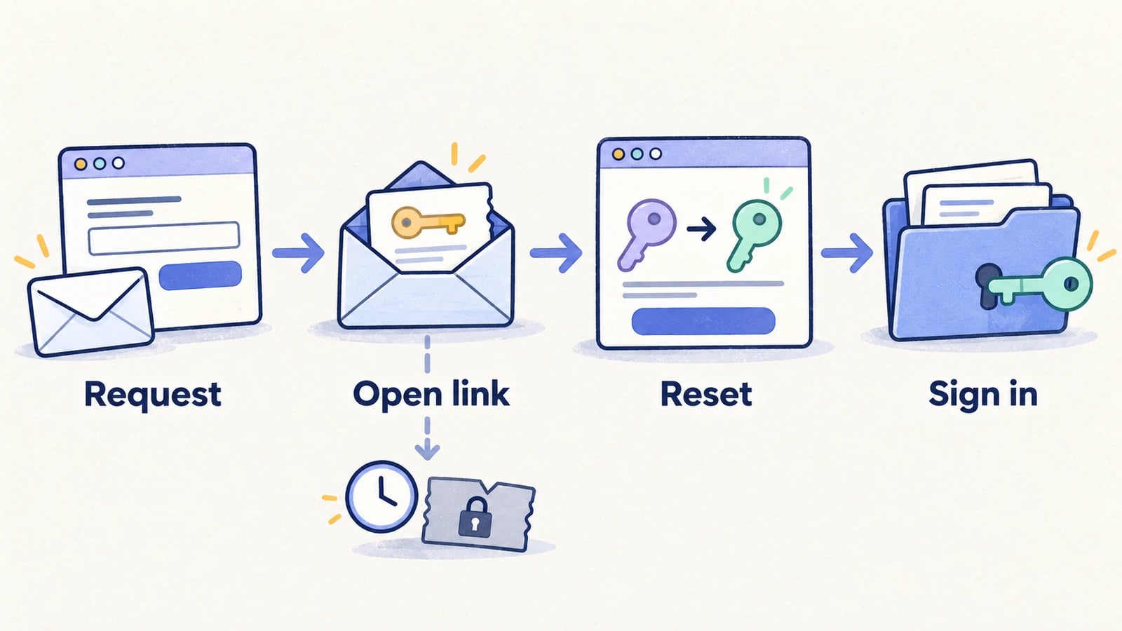 The illustrated recovery flow moves from requesting a link to opening it, resetting the password, and signing back into the account.