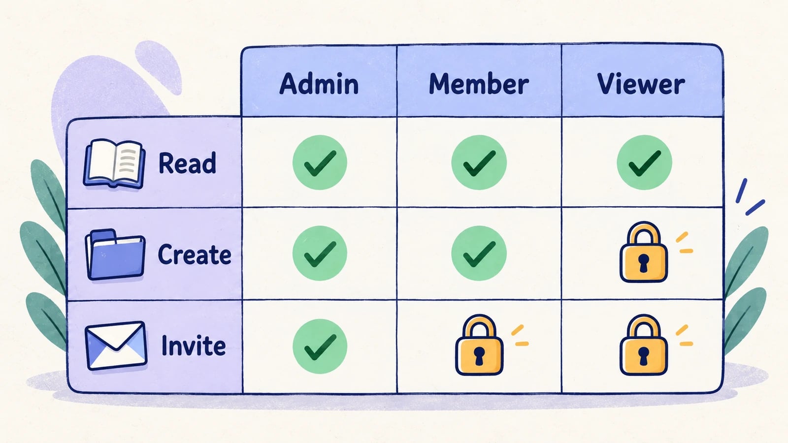 An example permission matrix allows all three roles to read, admin and member to create, and only admin to invite.