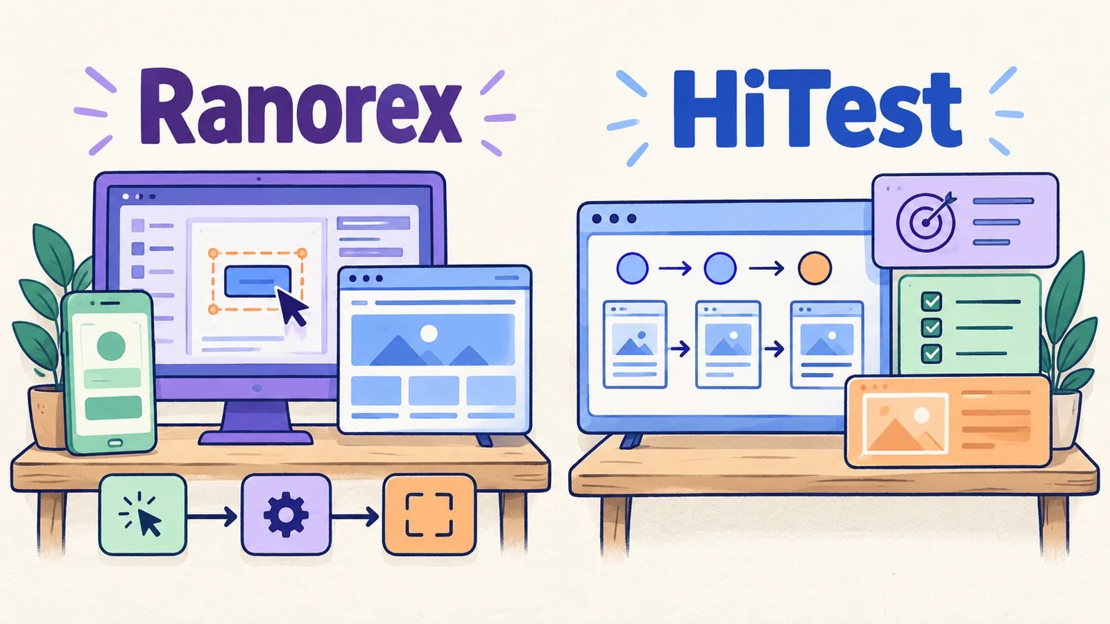 Ranorex and HiTest testing workspaces shown side by side.