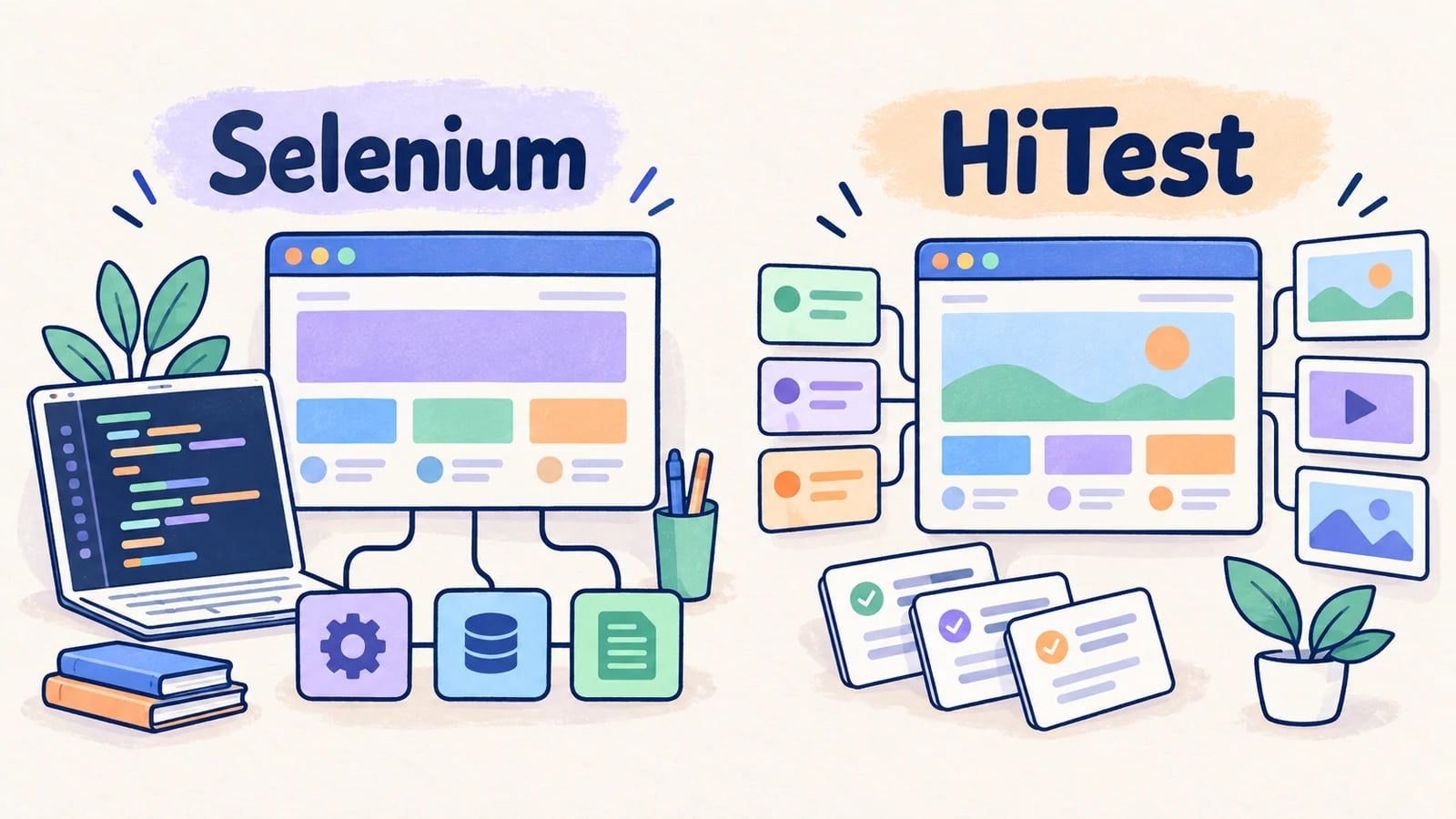 Selenium and HiTest testing workspaces shown side by side.