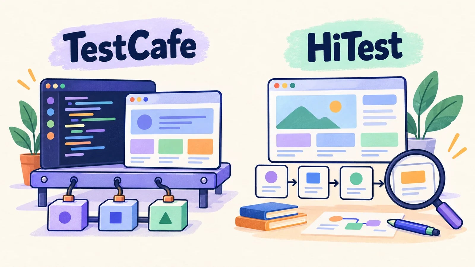 TestCafe and HiTest testing workspaces shown side by side.