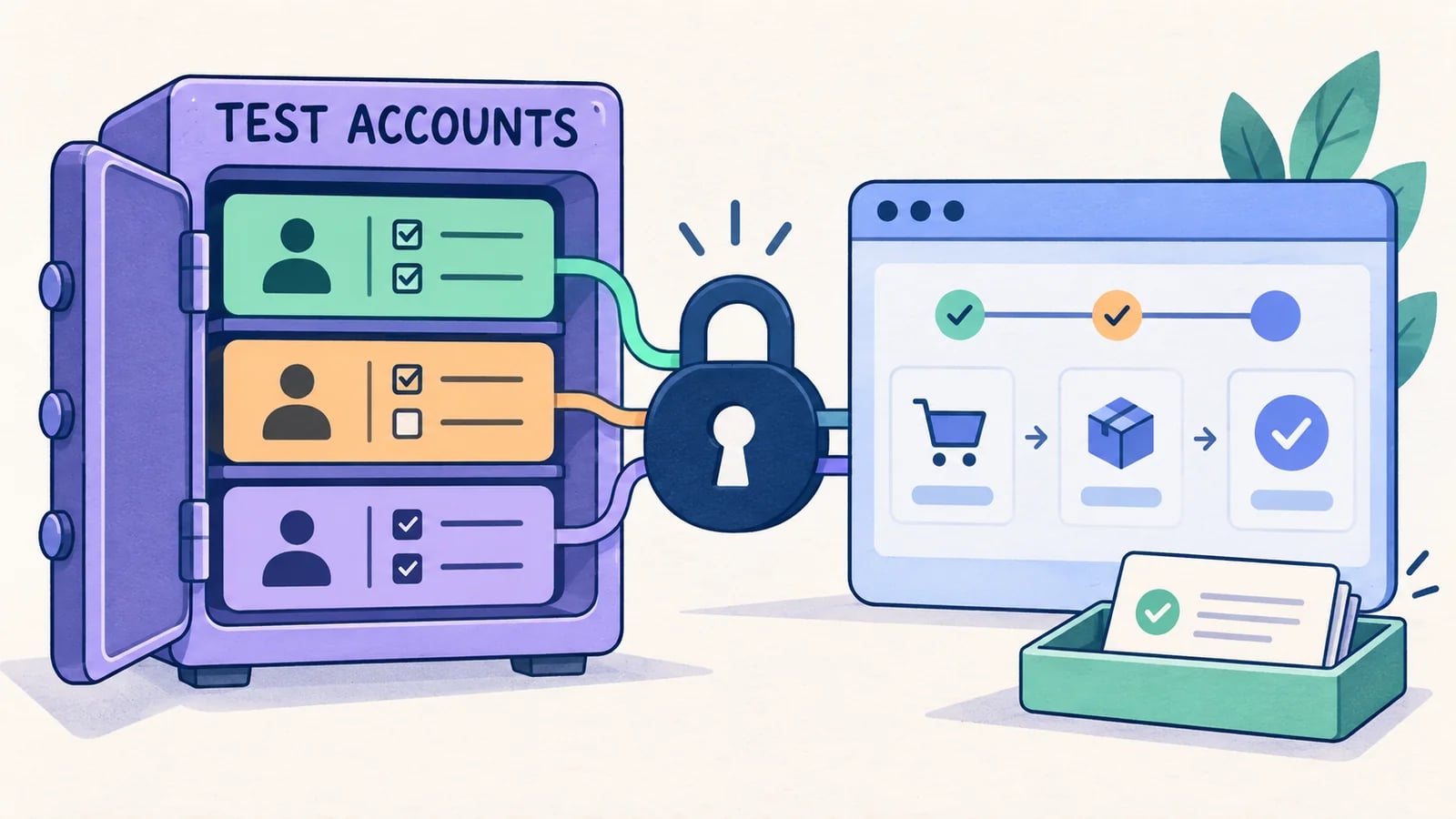 Test-account cards, a lock, and a protected browser journey.