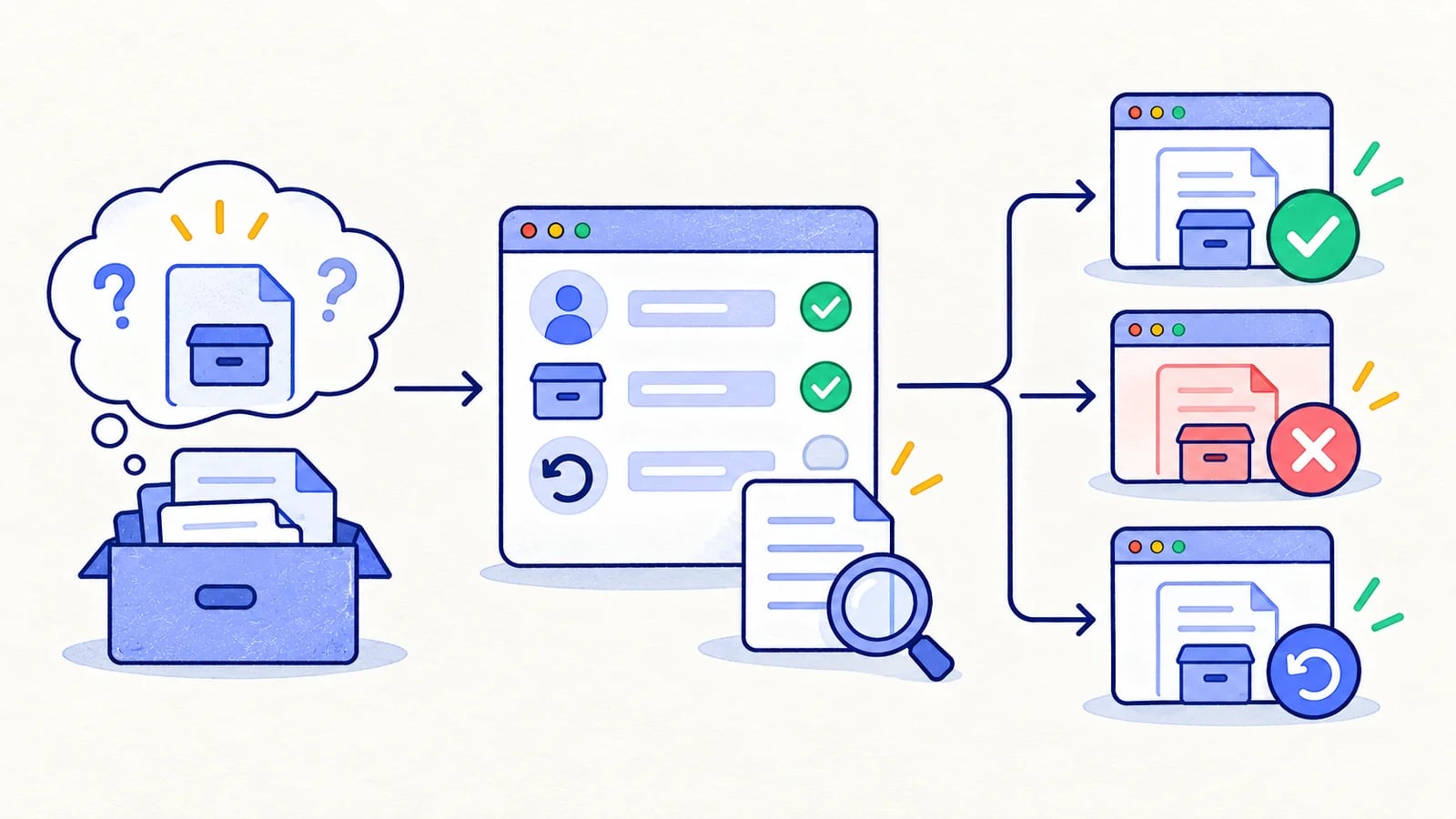 An ambiguous archive idea becomes an agreed rule card and separate allowed, denied, and restore examples.