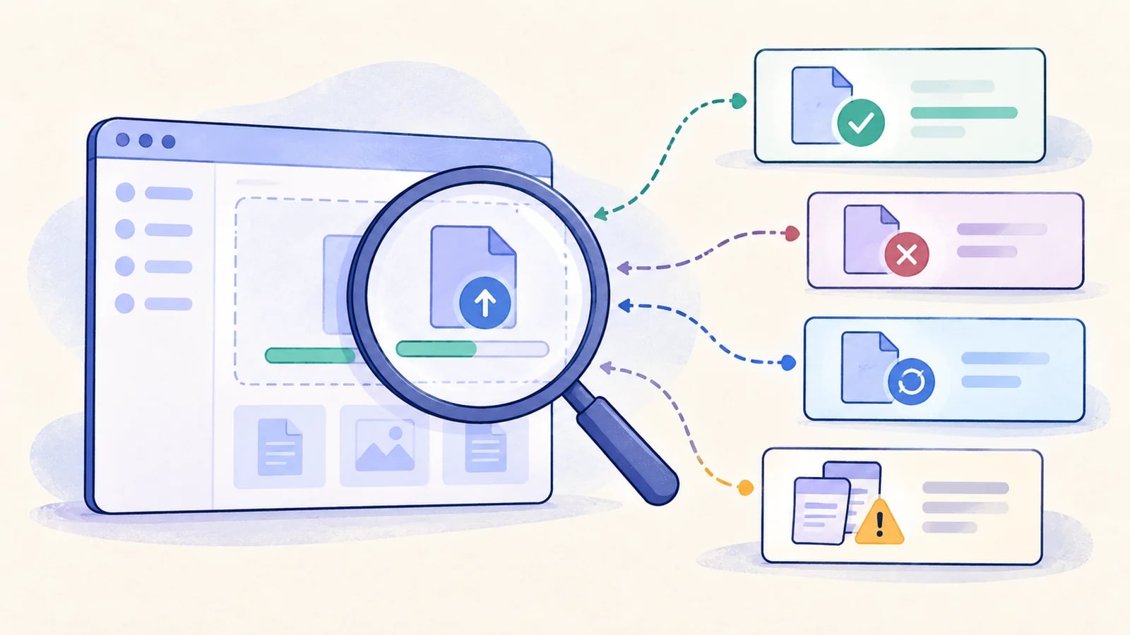 A document-upload flow inspected with a magnifying glass, branching into successful, canceled, retried, and duplicate-file outcomes.