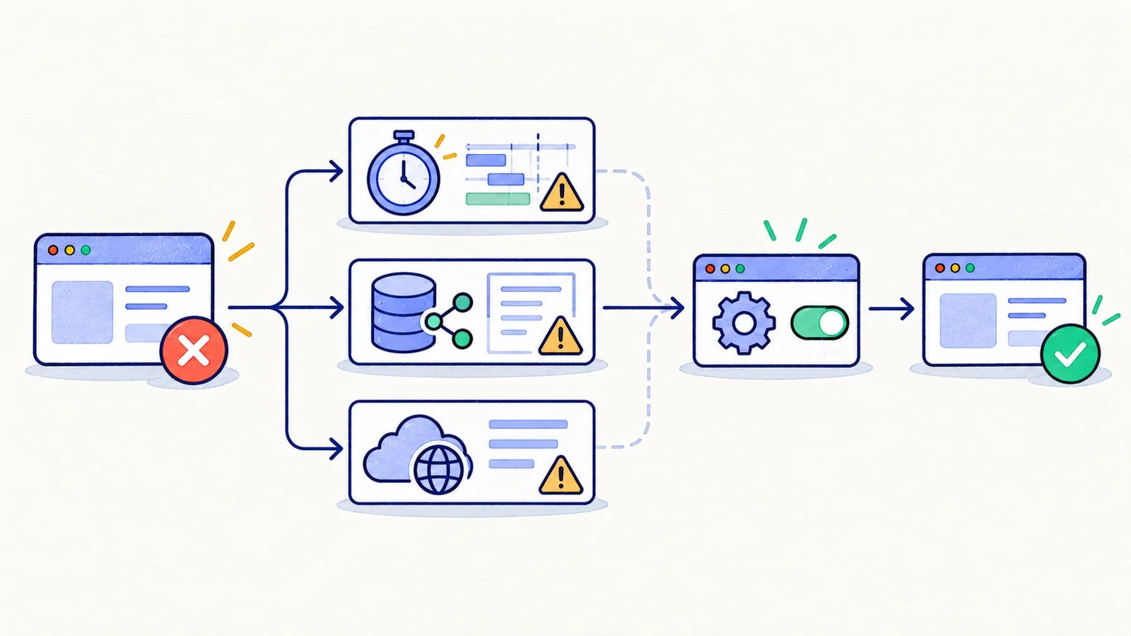 Timing, shared-data, and dependency evidence guide an intermittent failure toward a controlled repair.