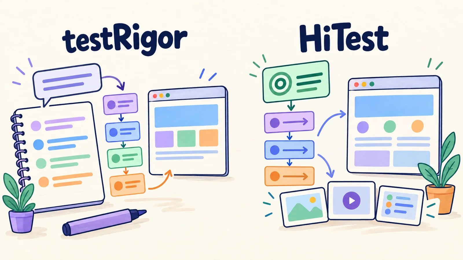 testRigor and HiTest testing workspaces shown side by side.